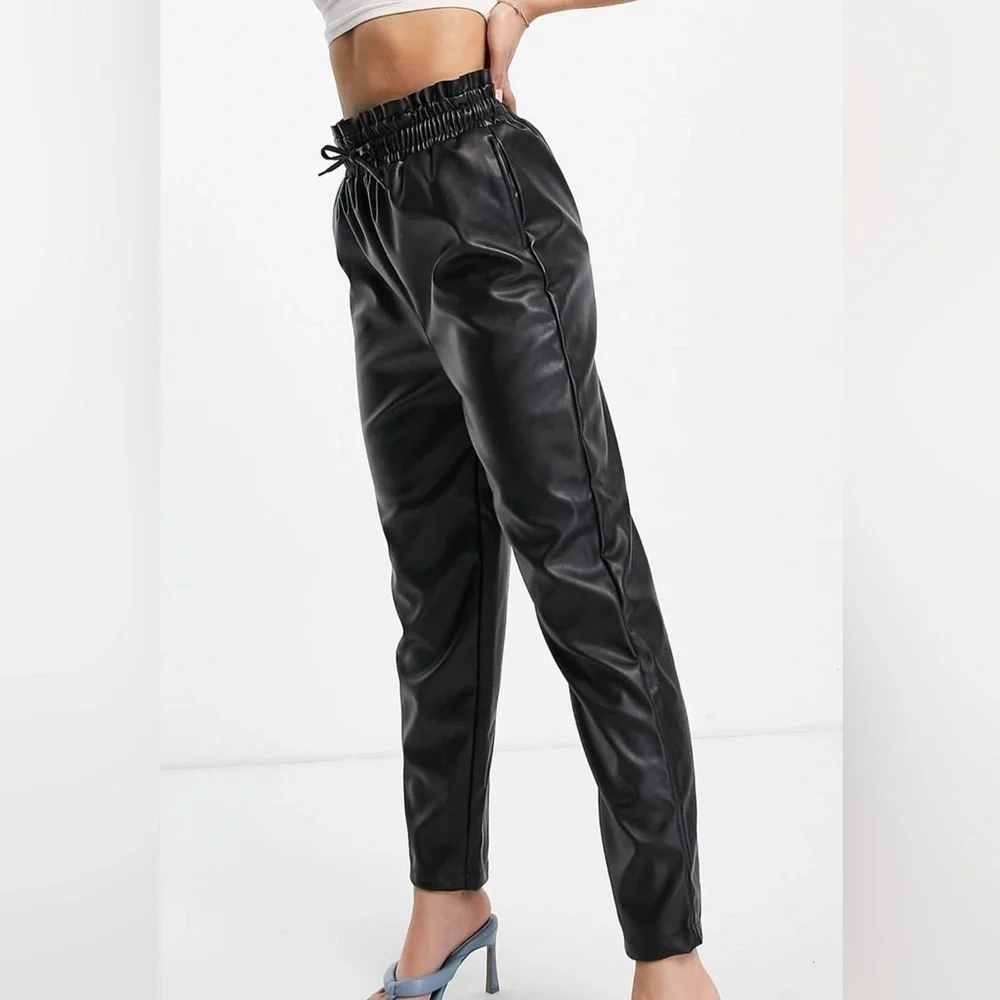 ASOS Faux Leather Pants Paperbag Waist Black Loose Fit Baggy Trousers 4 Small